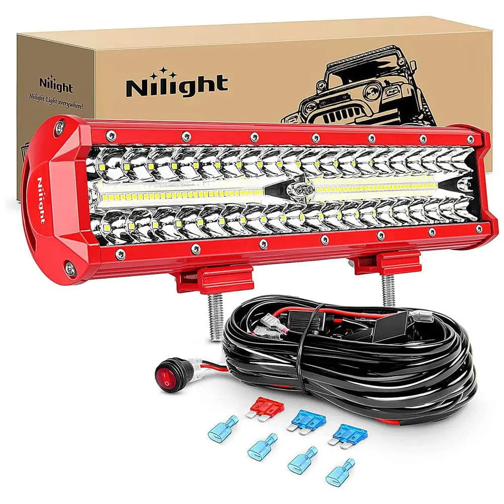 thumbnail interactive-video image 1 of Nilight 300W 12" + 2x 4" 60W LED Light Bar Combo – Triple Row, Clear, 6000K, Off-Road Kit With Wiring Harness 1 of 4