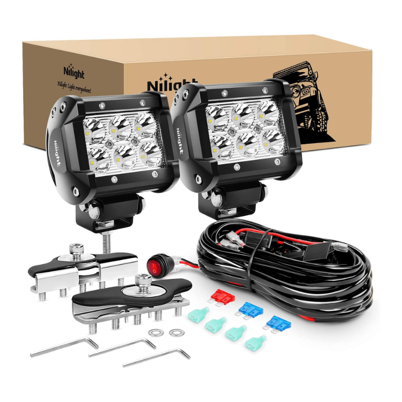 Light Bar Mounting Kit Nilight 2PCS 4 Inch 18W Spot led Pods Universal Adjustable Pillar Hood Led Work Light Mount Bracket with Off Road Wiring Harness-2 Leads, 2 Years Warranty
