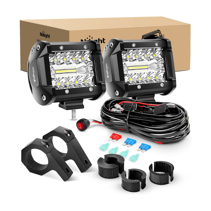 4" 60W Triple Row Spot/Flood LED Pods (Pair) | Horizontal Bar Tube Clamp Mount | 16AWG Wire 3Pin Switch Nilight