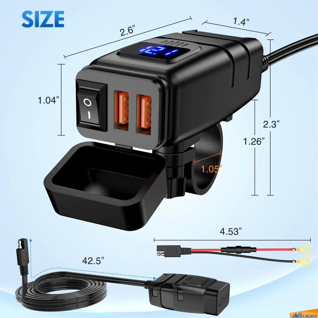 Accessories Nilight Motorcycle Charger with 12V Voltmeter Independent On Off Switch SAE USB Adapter Inline 10A Fuse Waterproof 6.8A Dual QC3.0 Fast Charging Phone Tablet for 7/8inch Handlebar ATV,2 Years Warranty