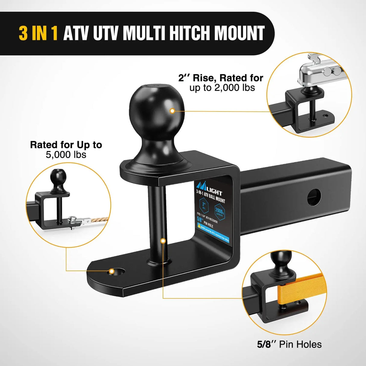 Trailer Hitch Nilight 3 in 1 ATV UTV Multi Hitch Mount with 2 inch Ball Hitch Rated 2000 LBS Fits 2 Inch Receiver Winch Strap Loop Rated 5000 LBS, 2 Years Warranty