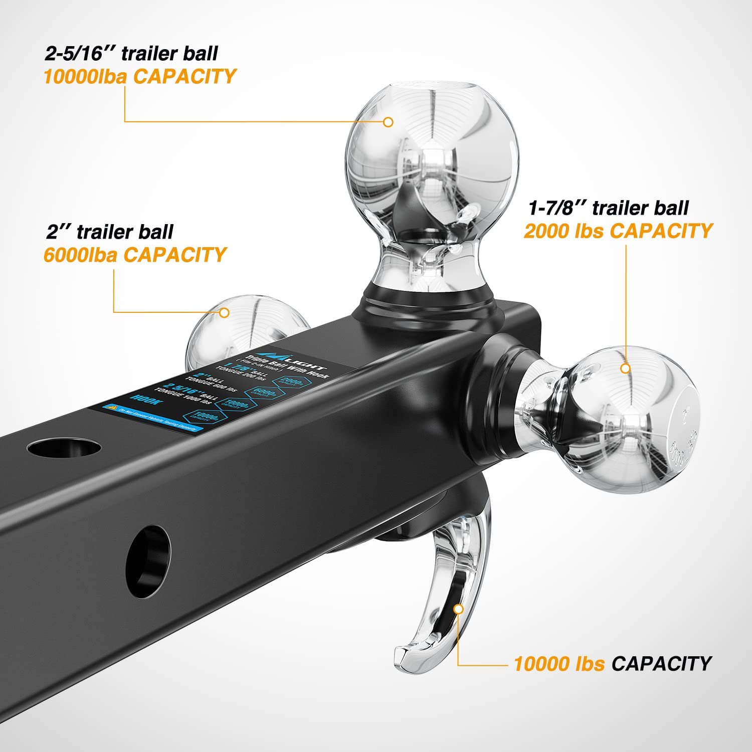 Hitch Ball Mount, 1-7/8, 2, 2-5/16-Inch Balls and Tow Hook (2" Shank, 10000 lbs) Nilight Led Light