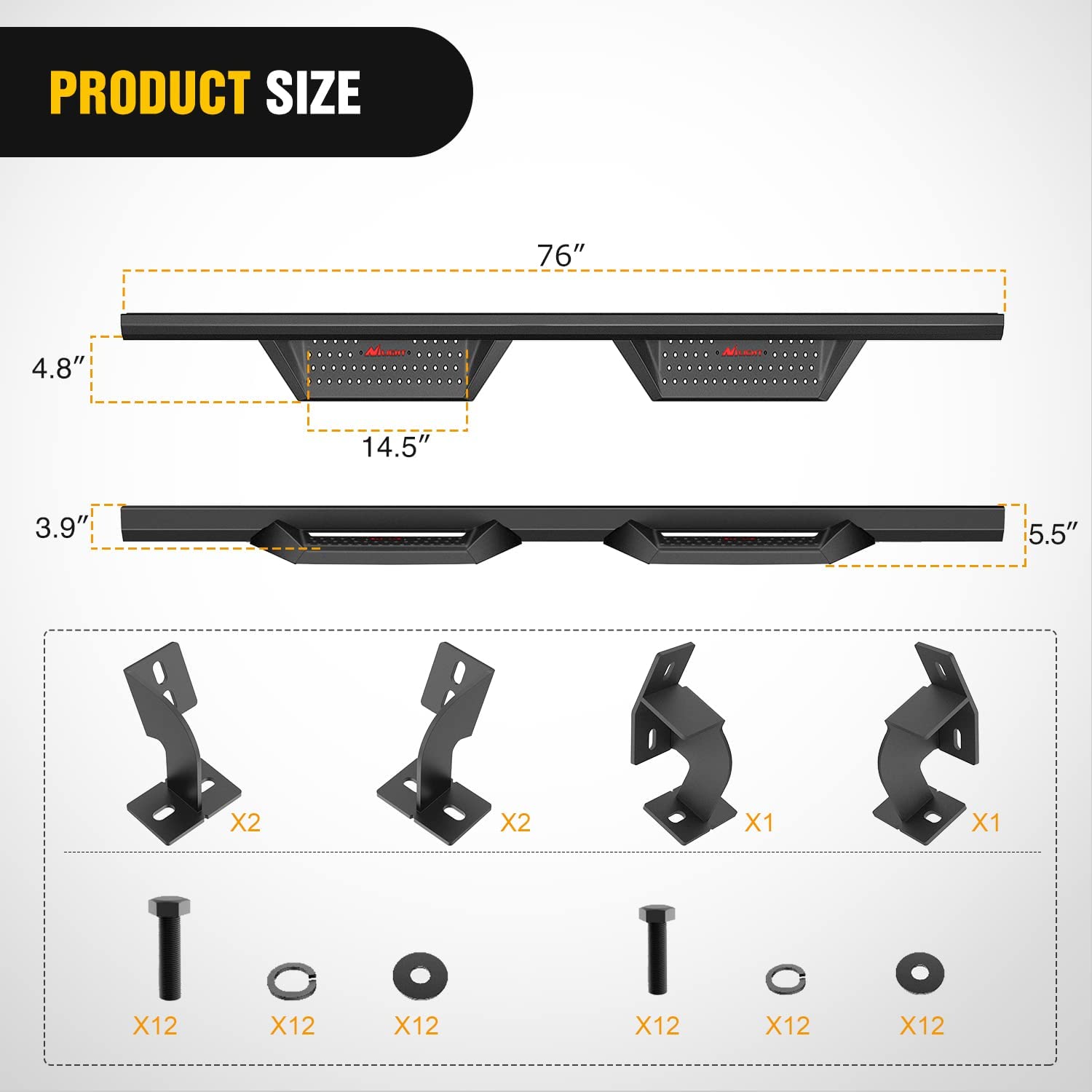 2005-2023 Toyota Tacoma Double Cab Running Boards 4 Inch Drop Side Steps Bolt-on Black Powder Coated Nilight Led Light