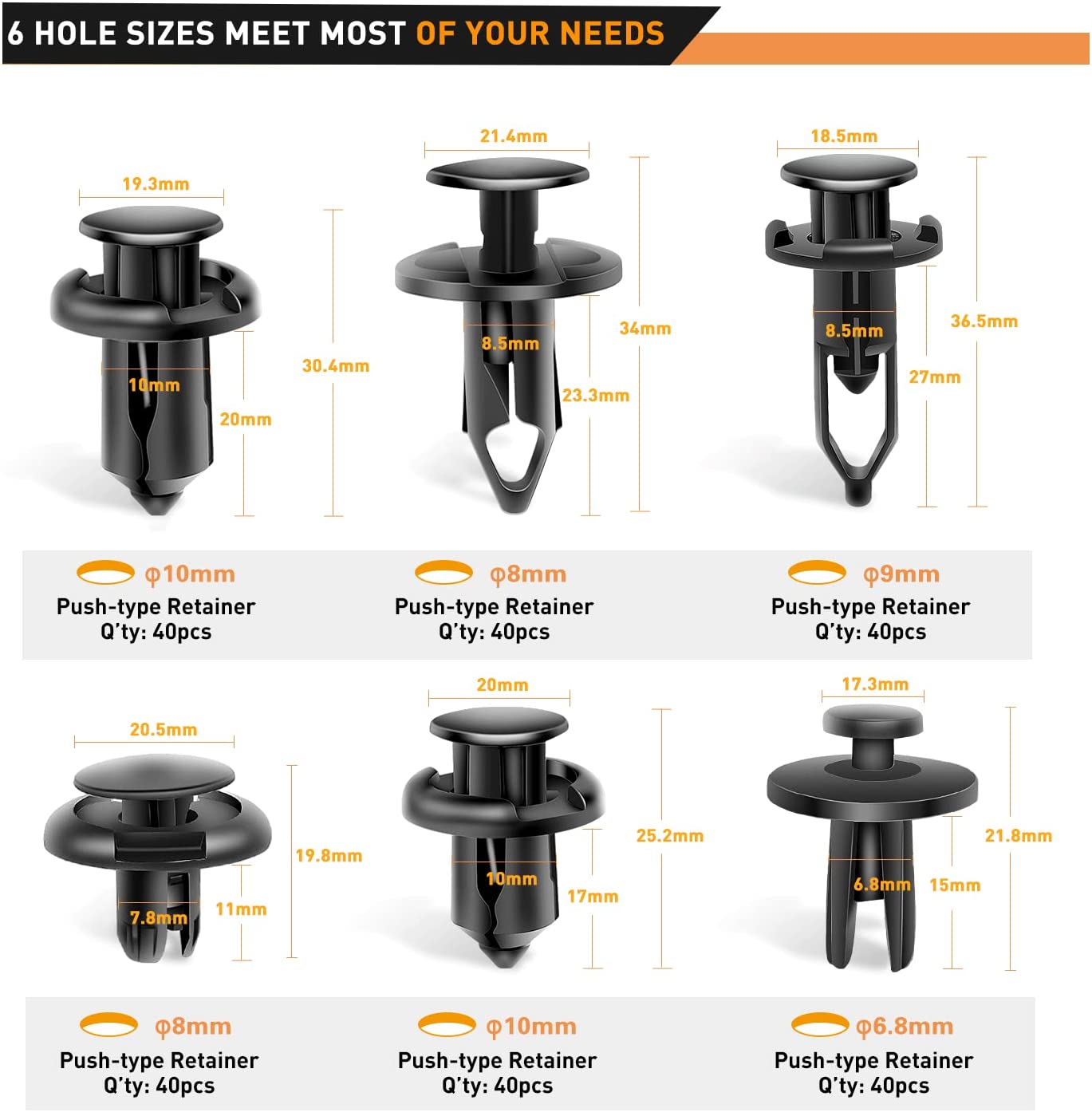 240 Pcs Hole 6.3mm 8mm 9mm 10mm Car Push Retainer Clips Kits Nilight