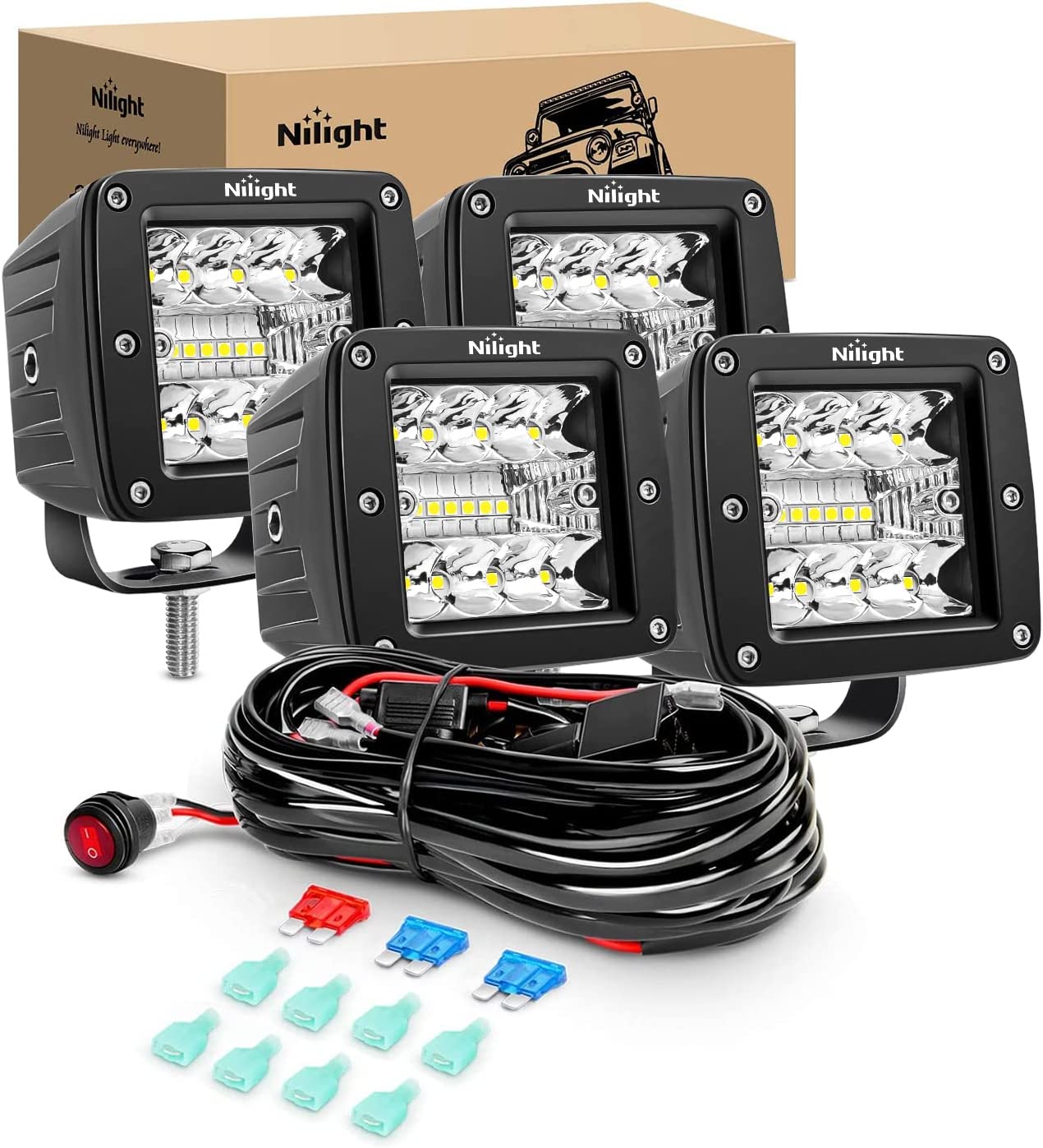 3" 42W Triple Row Cube Spot/Flood LED Pods (2 Pairs) | 10FT Wire 3Pin Switch Nilight
