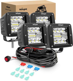 3 Inch 42W Triple Row Cube Spot Flood LED Pods (2 Pairs) | 10FT Wire 3Pin Switch