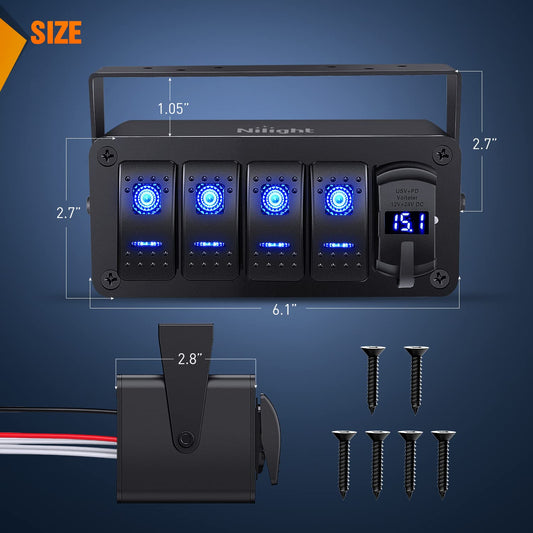 4Gang Blue Rocker Switch Box w/ PD Type C | QC 3.0 USB Charger Voltmeter Nilight