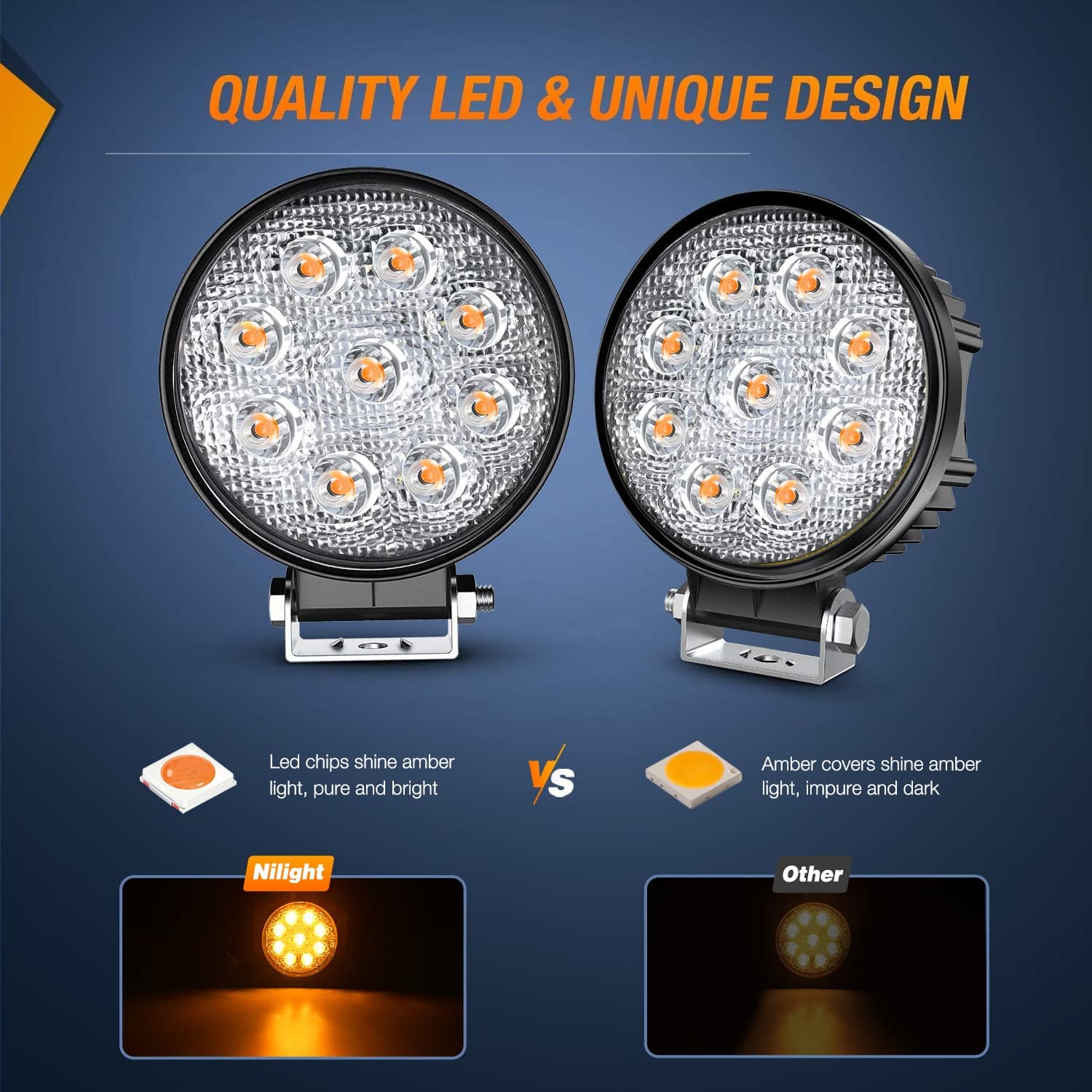 4.5" 27W Round Amber Spot Led Work Lights (Pair) | 16AWG Wire 3Pin Switch Nilight