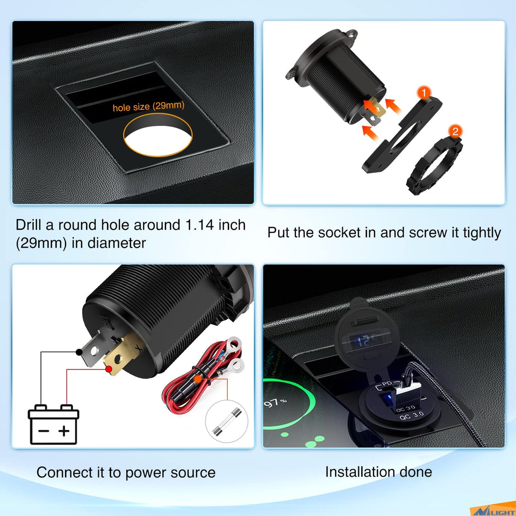 3 USB 3.0 Car Charger, 12V/24V 36W QC3.0 USB Charger Socket, 3 x USB 3.0  Socket Charger USB Outlet Fast Charge with 10A Wire Fuse Aluminum (Black)