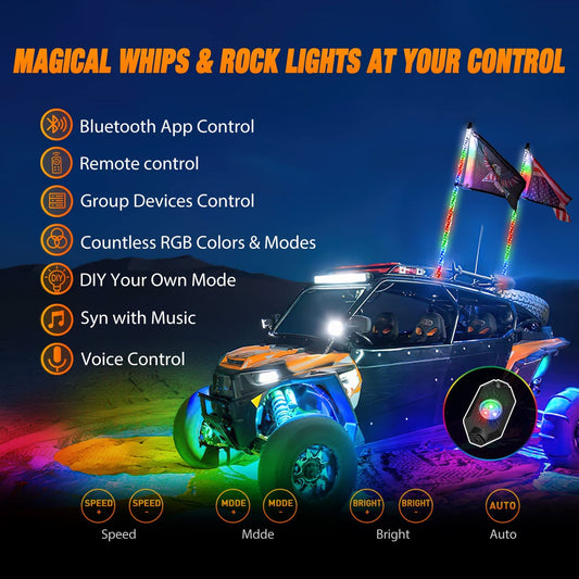2Pcs 3FT Spiral Antenna Bluetooth Remote App Control Led Whip Light | 4Pcs RGB Rock Lights | Wire 5Pin Switch Kits Nilight
