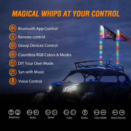 2Pcs 3FT Spiral Antenna Bluetooth Remote App Control Led Whip Light | 10FT Wire 5Pin Switch Nilight