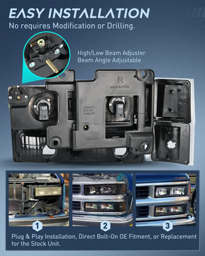 1994-1998 Chevy Silverado Tahoe Suburban C10 C/K 1500 2500 3500 Headlight Assembly Black Case Amber Reflector Nilight