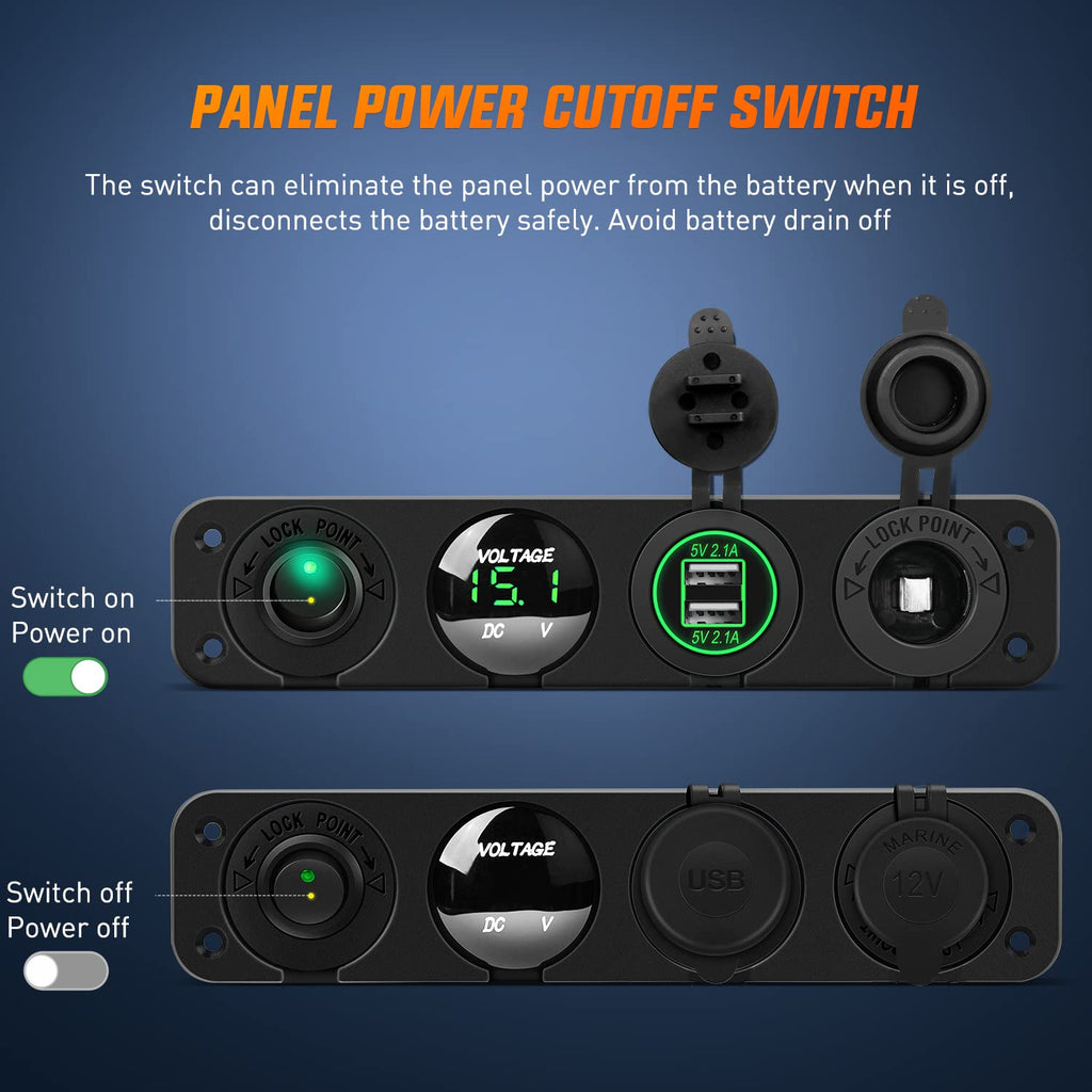 switch panel Nilight 4 in 1 ON/Off Charger Socket Panel Dual USB Socket Power Outlet LED Voltmeter Cigarette Lighter Socket LED Lighted ON Off Rocker Toggle Switch for Truck Car Marine Boats RV,2 Years Warranty