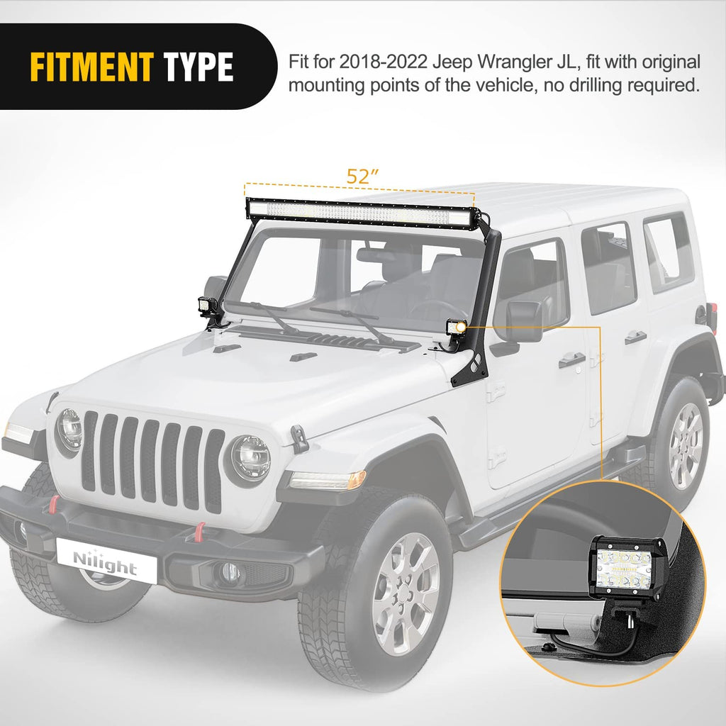 Mounting Accessory Nilight Windshield Frame A-Pillar Mounting Bracket for 52 Inch Light Bar and Light Pods Compatible with 2018-2022 Wrangler JL JLU Gladiator JT, 2 Years Warranty