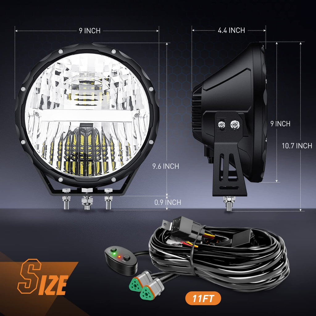 LED Work Light Nilight 9Inch Round Offroad Light 2PCS 120W High Low Beam IP68 LED Driving Light Pods Built-in EMC with 14AWG DT Connector Wiring Harness Kit for Truck ATV UTV SUV, 5 Years Warranty