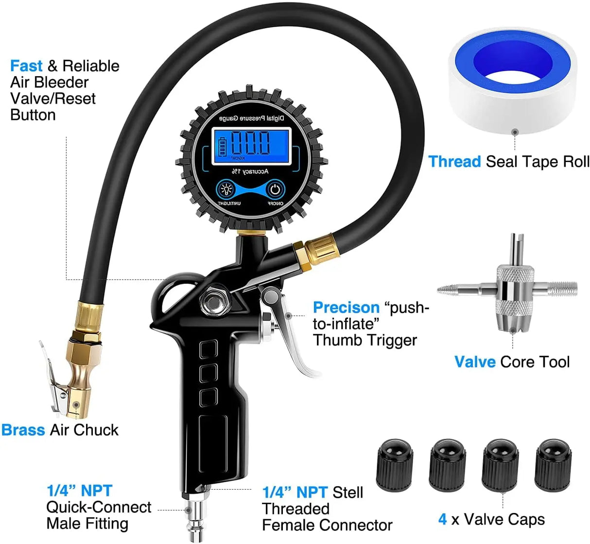 Nilight Digital Tire Pressure Gauge Medium 250 PSI Air Chuck and Compressor Accessories Heavy Duty with Rubber Hose and Quick Connect Coupler for 0.1 Display Resolution