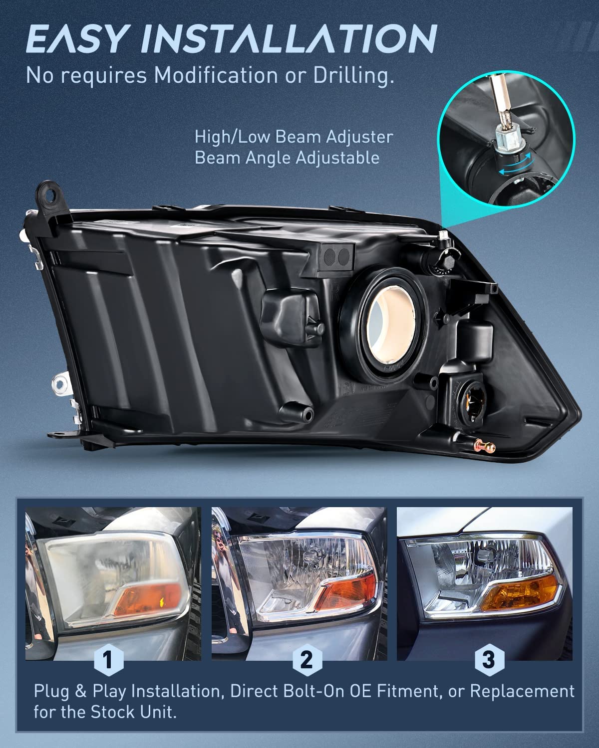 2009-2012 Dodge Ram 1500 2500 3500 Headlights Assembly Dual Beam Clear Case Nilight