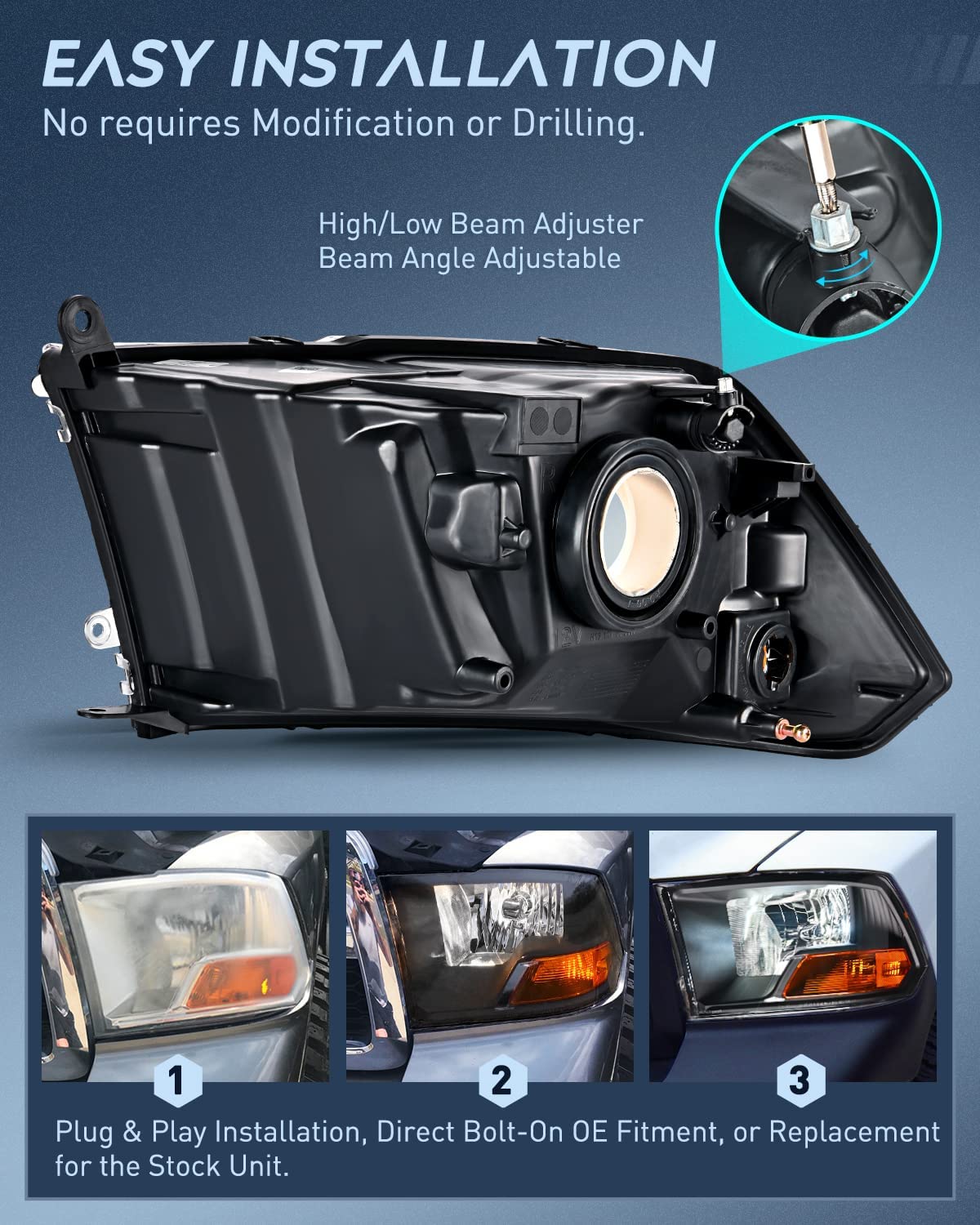 2009-2012 Dodge Ram 1500 2500 3500 Headlights Assembly Dual Beam Black Case Nilight