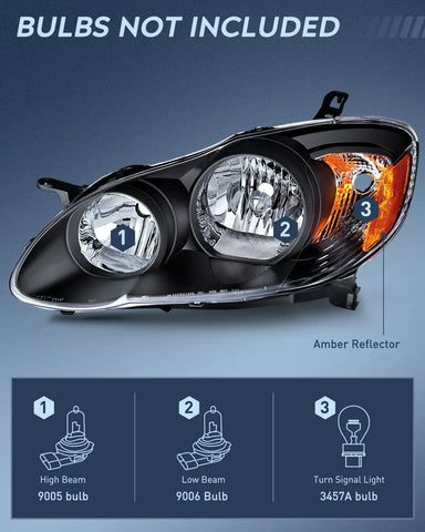 DAS Parts Pair Black Headlights With Chrome Ring For Toyota Corolla 2003-2008 - Direct Replacement Halogen