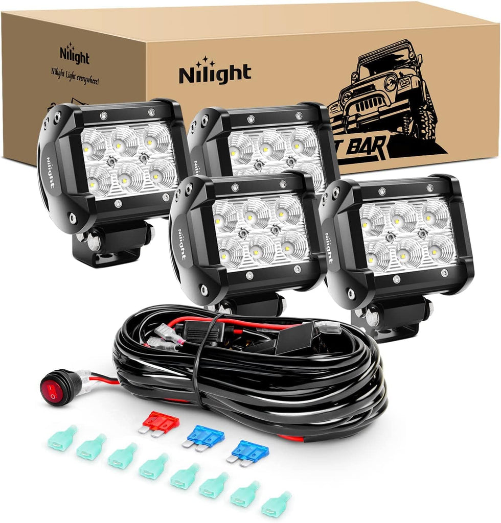 Light Bar Wiring Kit Nilight LED Pods 4Pcs 4 Inch 18W Flood Off Road Fog Lights Driving Roof LED Light Bar Work Light with 16AWG Wiring Harness Kit - 4 Leads for Truck ATV UTV SUV Boat, 2 Years Warranty