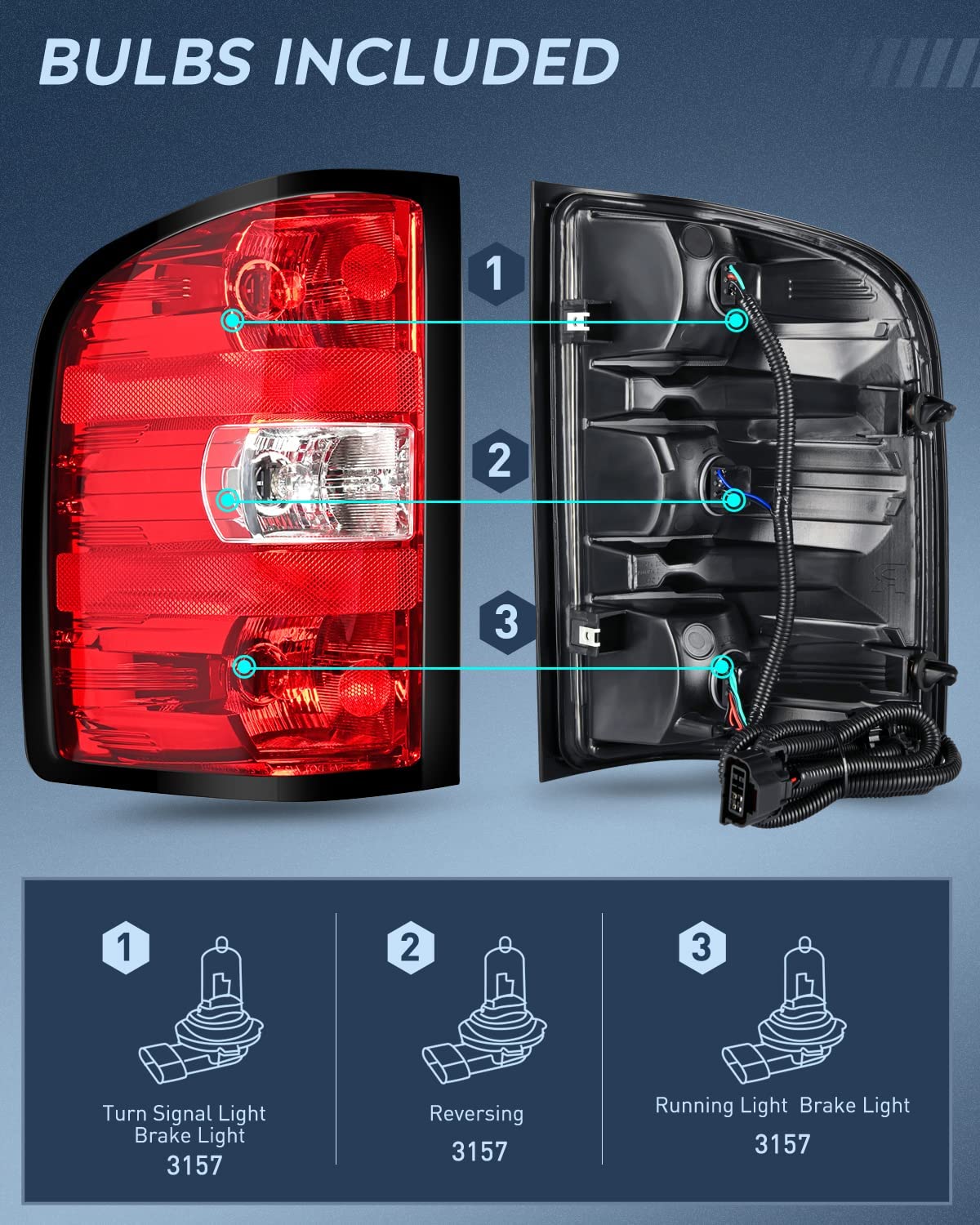 2007-2014 Chevy Silverado 1500 2500HD 3500HD 2007-2013 GMC Sierra 3500HD Taillight Assembly Rear Lamp w/Bulbs and Harness Driver Side Nilight