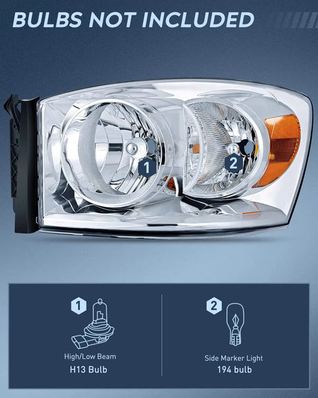LED Headlight Nilight 2007 2008 2009 Ram Headlight Assembly, Chrome Housing Amber Corner Clear Lens, Headlamp Replacement, Driver and Passenger Side, 2 Pack