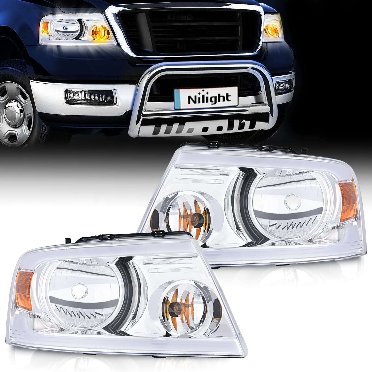 2004-2008 Ford F150 2006-2008 Lincoln Mark LT Led DRL Headlight Assembly Chrome Case Amber Reflector Nilight
