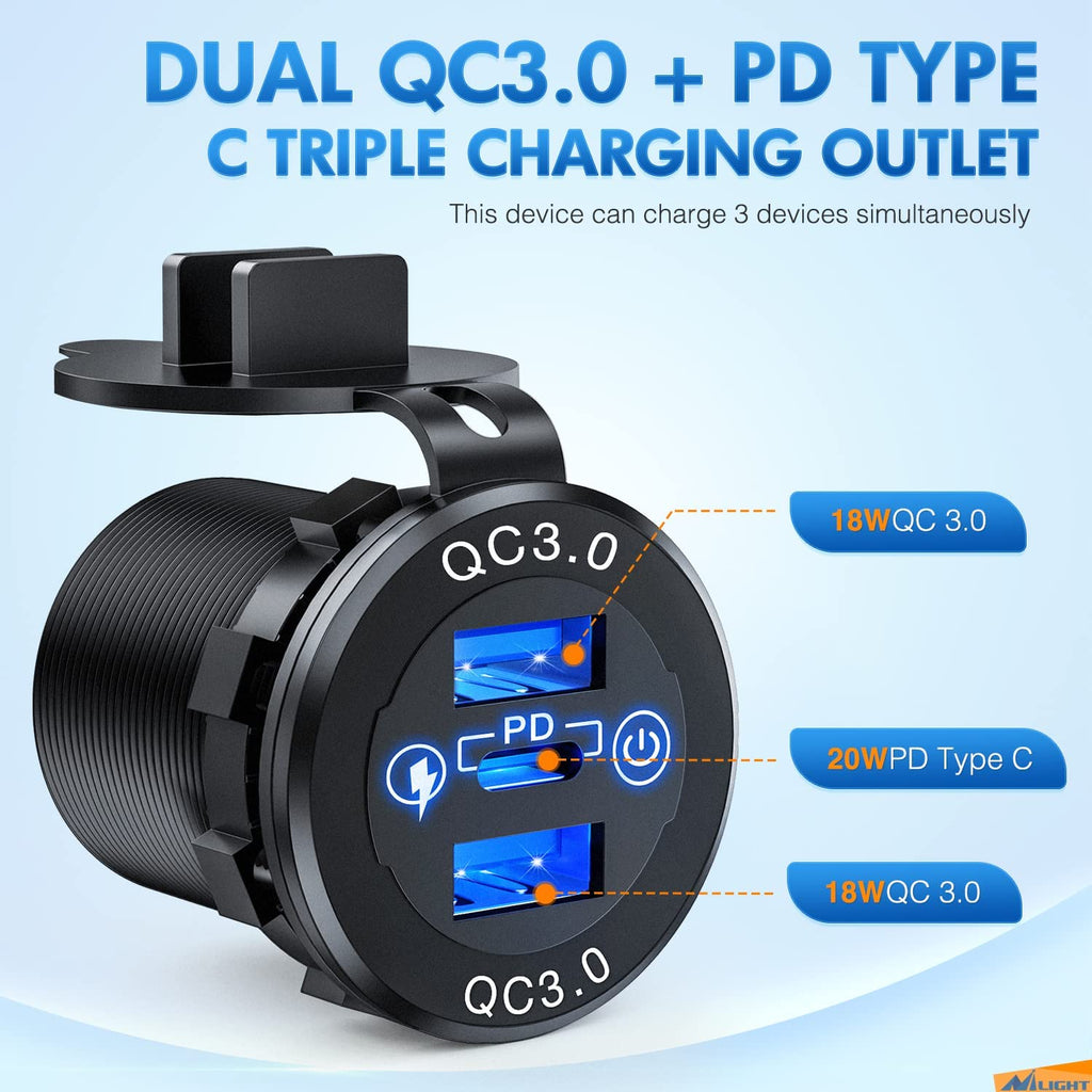 Quick Charge 3.0 Dual USB Charger Socket, Waterproof 12V/24V QC3.0 Dual USB  Fast Charger Socket Power Outlet with Touch Switch for Car, Marine, Boat,  Motorcycle, Truck and More : : Sports, Fitness
