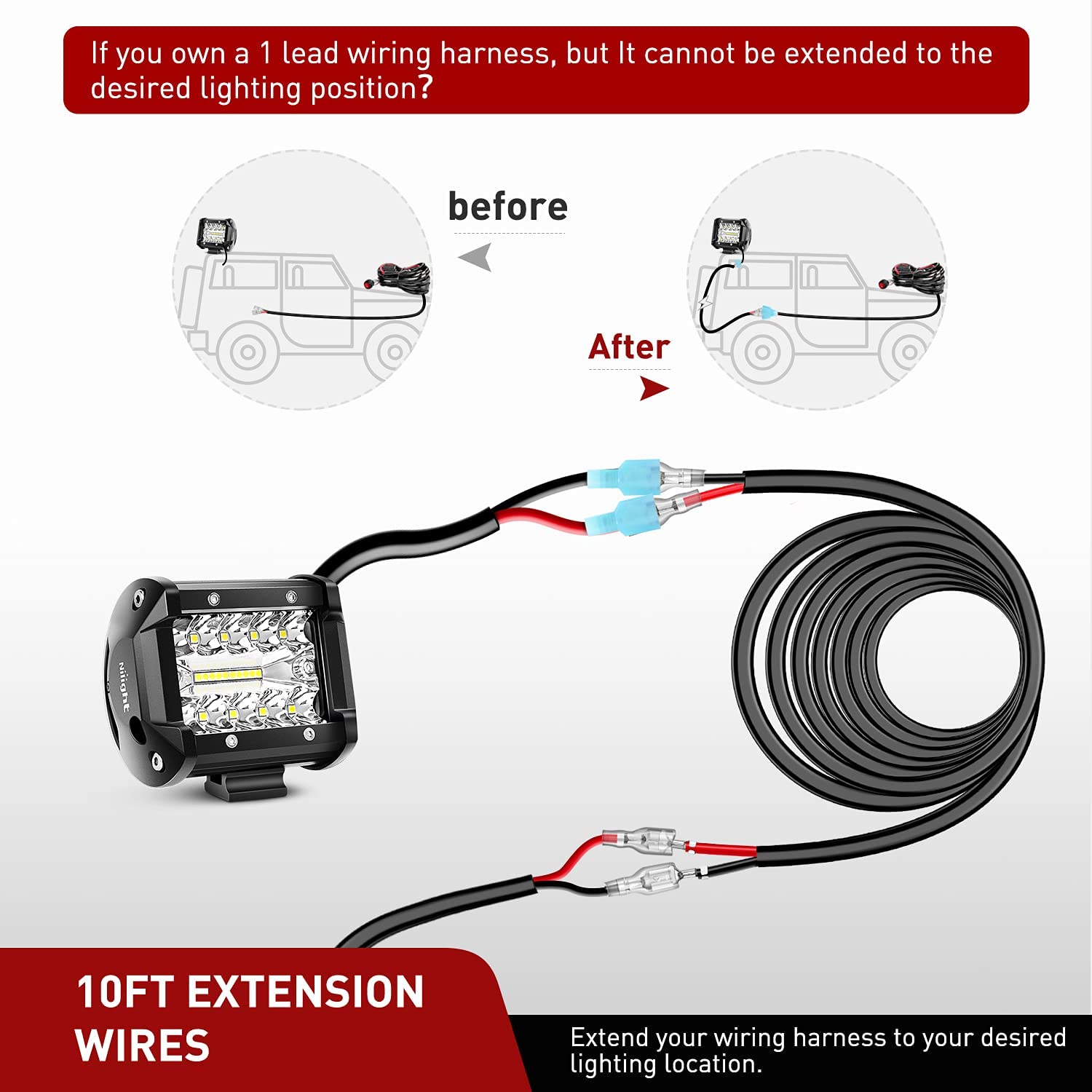 14AWG 10FT Wire Extension Kit LED Light Bar/Led Pods/LED Work Light Nilight