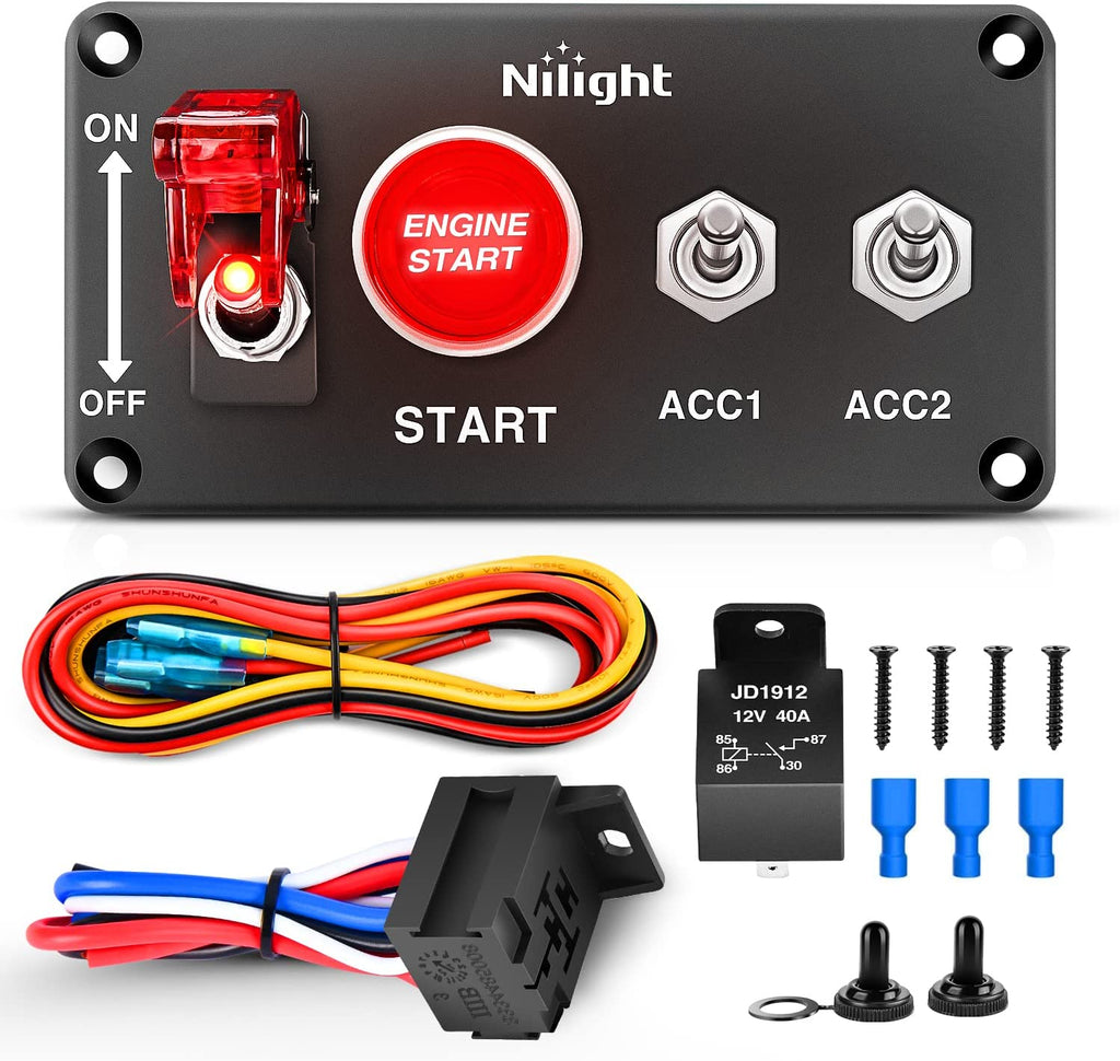 Rocker Switch Nilight Ignition Switch Panel 12V 4 in 1 Rocker Switch with Engine Push Button Toggle Switches with relay wiring harness LED for RV Truck Racing Car Boat Marine Trailer, 2 Years Warranty