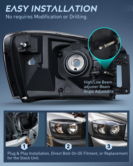 LED Headlight Nilight Headlight Assembly 2006 2007 2008 Ram Black Housing Clear Corner Clear Lens, Driver and Passenger Side, Headlamp Replacement, 2 Pack