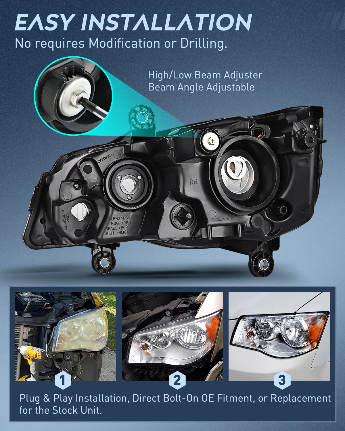 2011-2019 Dodge Grand Caravan 2008-2016 Chrysler Town Country Headlight Assembly Chrome Case Amber Reflector Nilight