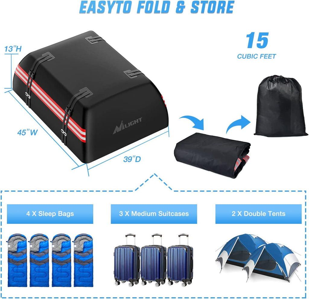 Car Cover Nilight Car Roof Bag 15 Cubic Feet Waterproof Rooftop Cargo Carrier,Suitable for All Vehicle with/Without Rack - Waterproof Zip,Reflective Strip,Anti-Tear 840D PVC, with Anti-Slip Mat