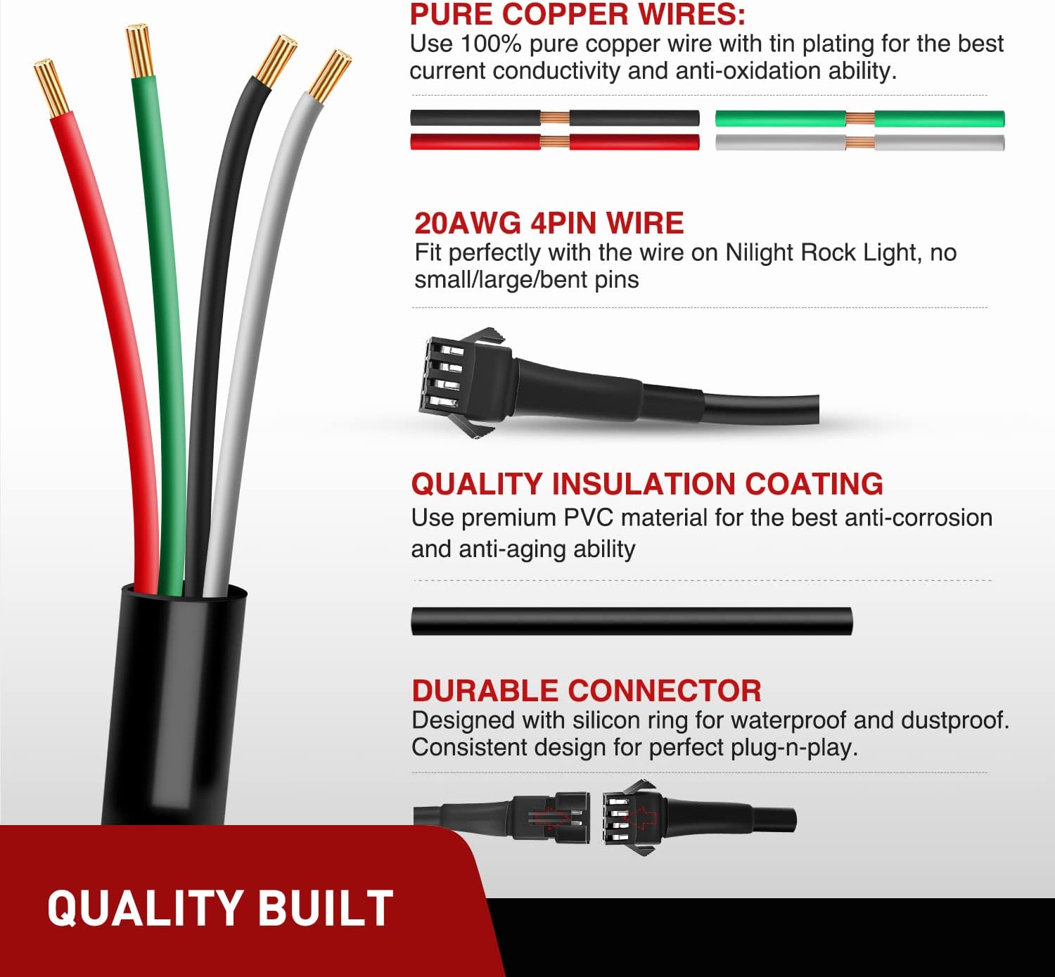 4Pcs 2FT Extension Cords | 3Pcs 2 Way Y Splitter 4PIN Extension Cord Kit Nilight