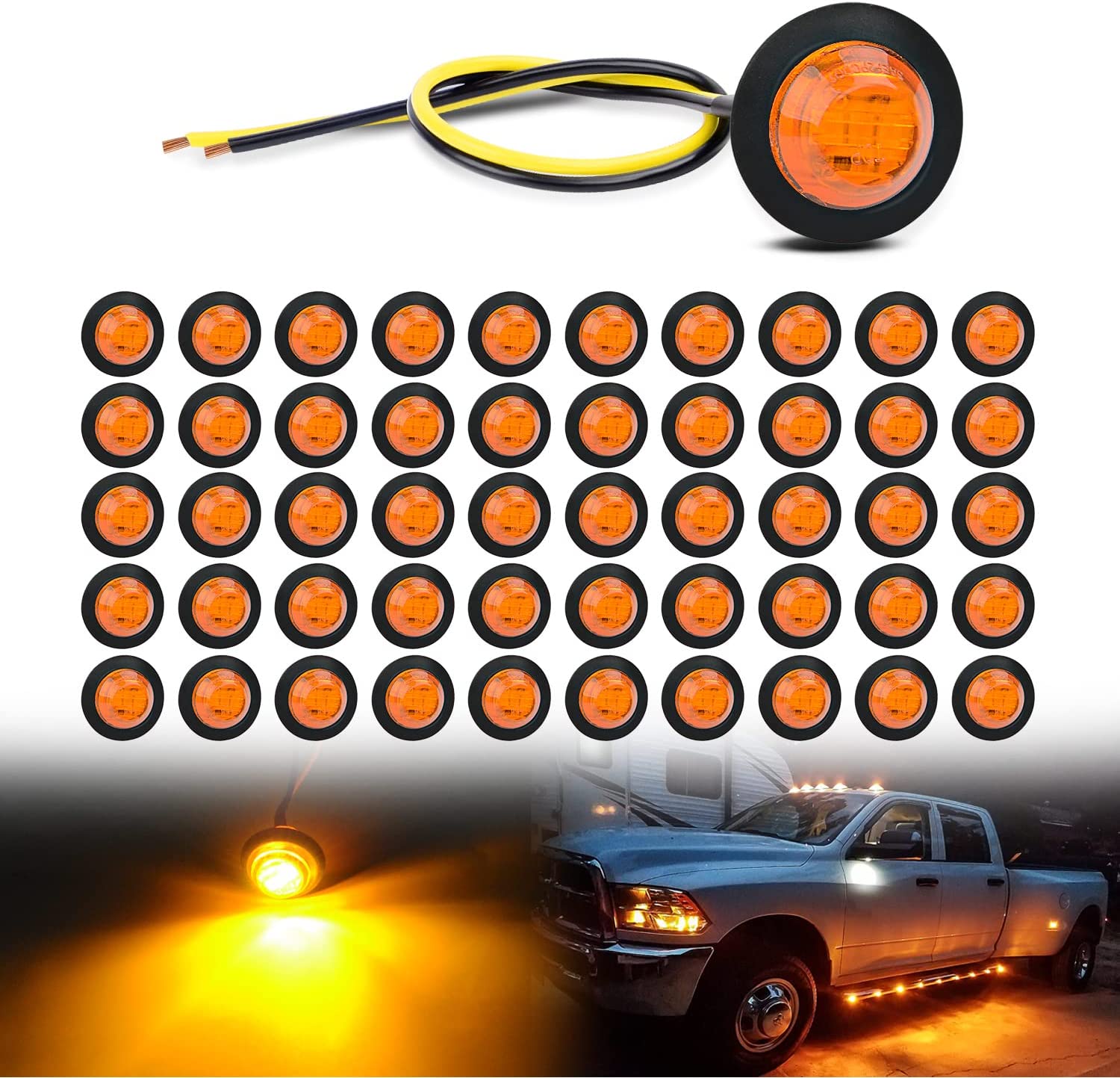 3/4” Amber Round LED Marker Lights (50 Pcs) Nilight