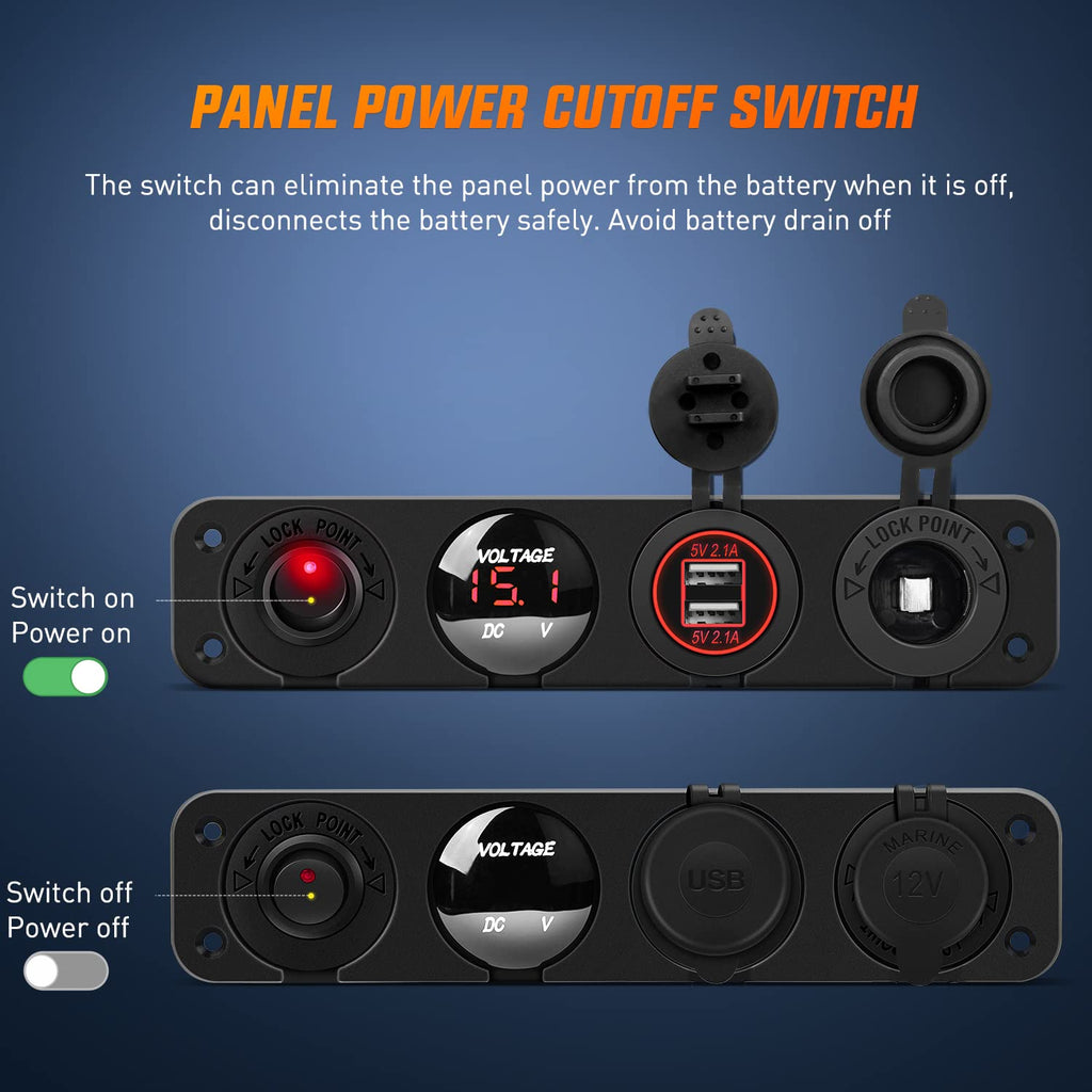 4 Gang Panel Dual USB Socket Charger LED Voltmeter 12V Power Outlet for Car  Boat