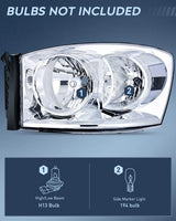 Motor Vehicle Lighting Nilight Ram Headlight Assembly 2007 2008 2009 Chrome Housing Clear Corner Clear Lens, Headlamp Replacement Driver and Passenger Side 2 Pack