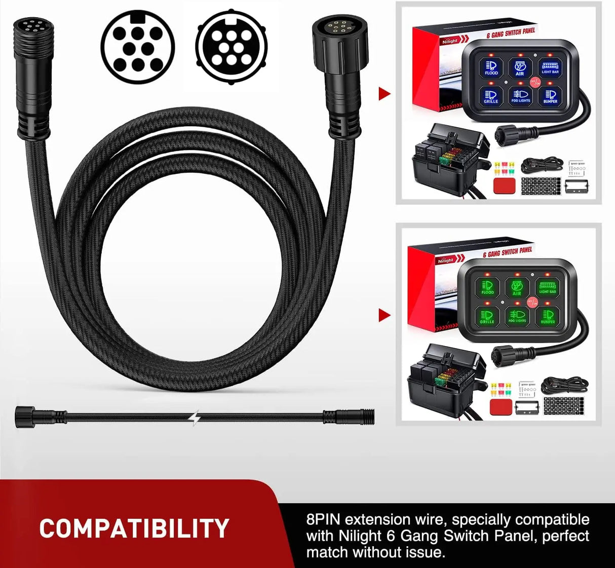 8PIN Extension Cable Cord for 6 Gang Switch Controller Nilight