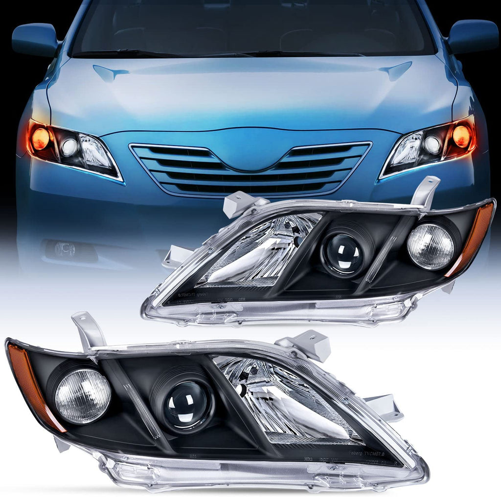 Motor Vehicle Lighting Nilight Headlight Assembly Compatible with 2007 2008 2009 Toyota Camry Headlamps Replacement Black Housing Amber Reflector Driver and Passenger Side, 2 Years Warranty