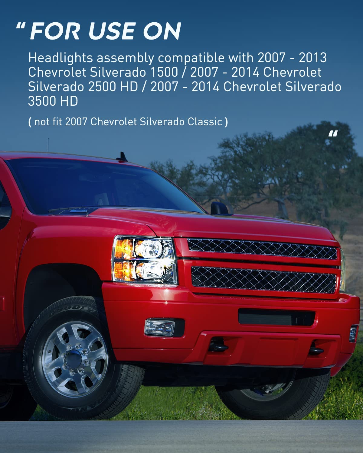 2007-2013 Chevy Silverado 1500 2007-2014 Silverado 2500HD 3500HD Headlight Assembly Black Case Amber Reflector Nilight