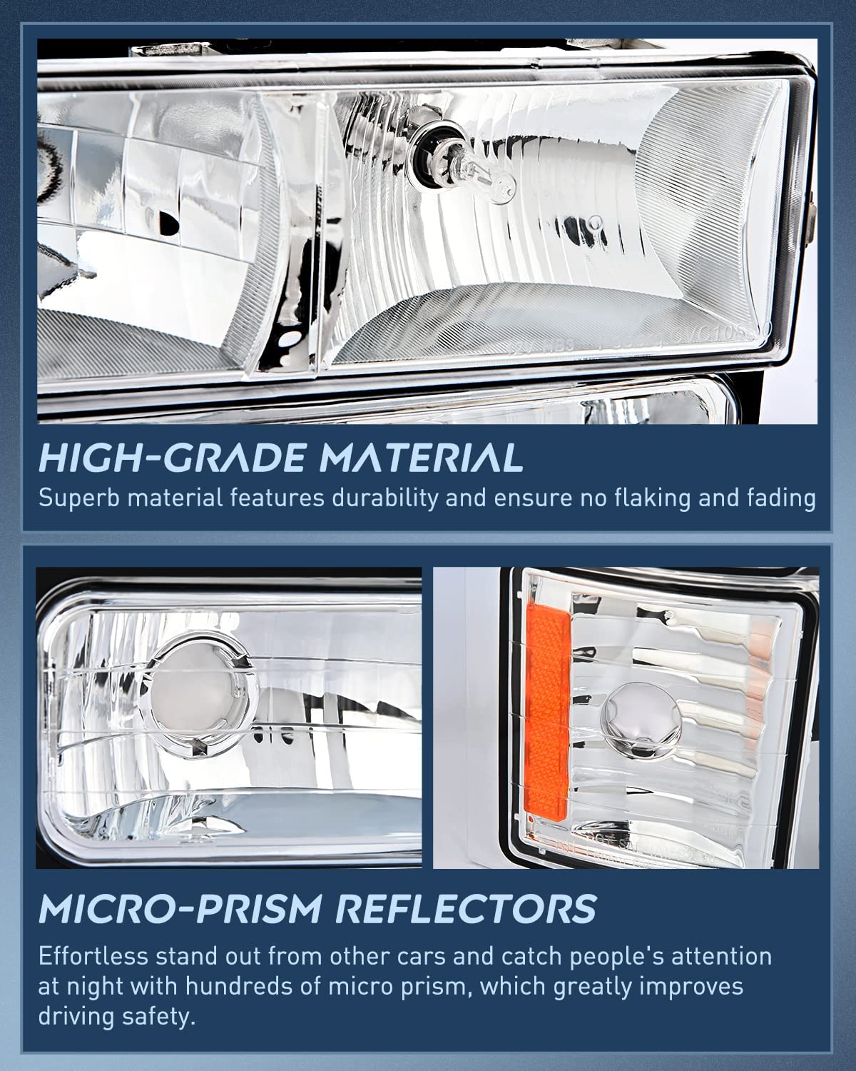 1994-1998 Chevy Silverado Tahoe Suburban C10 C/K 1500 2500 3500 Headlight Assembly Chrome Case Amber Reflector Nilight