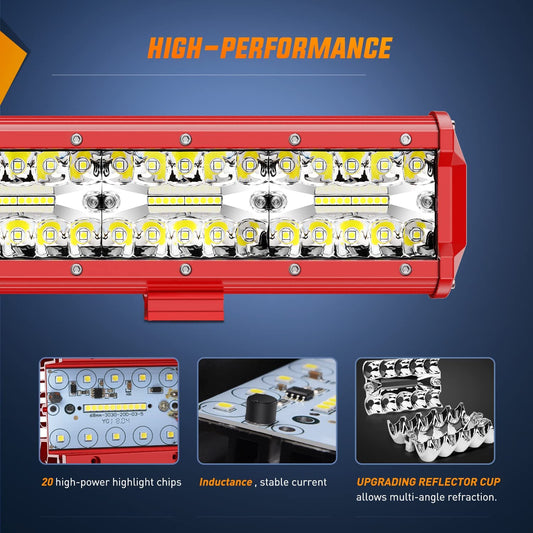 20" 420W Triple Row Red Case Spot/Flood LED Light Bar | 16AWG Wire 3Pin Switch Nilight