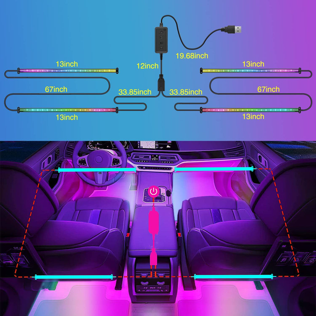 Nilight RGBIC 72 LED USB Interior Strip Lights DC 12V with App RF Remote Control Multicolor Under Car Dash Lighting 2 Lines Design Music Sync Mode