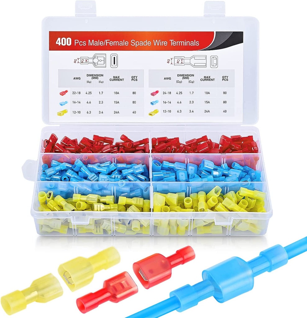 Accessories Nilight 400 Pcs Spade Terminals Nylon Quick Disconnect Terminals Male and Female Spade Connectors Kit Electrical Insulated Wire Crimp Terminals Assortment Kit, 2 Years Warranty