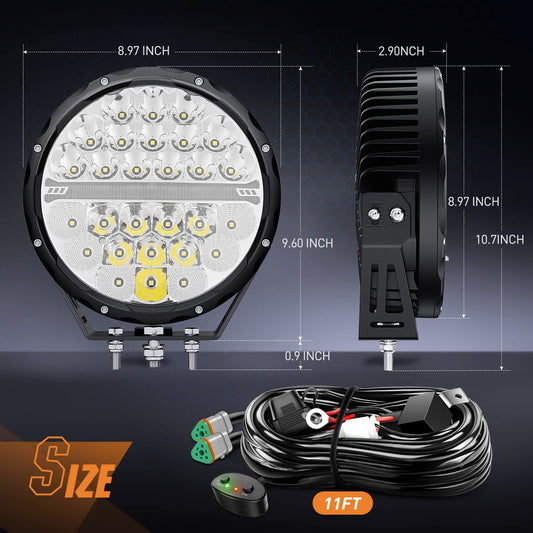 9" 140W 15560LM Round Spot/Flood Built-in EMC DRL LED Work Lights (Pair) | 12AWG DT Wire Nilight