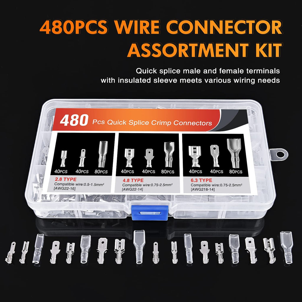 Accessories Nilight 480PCS Insulated Male Female Spade Terminals Quick Splice Assortment Tin Plated Open Barrel Copper Crimp Wire Connectors for 22-14 ga Electrical Wiring Car Audio Speaker, 2 Years Warranty