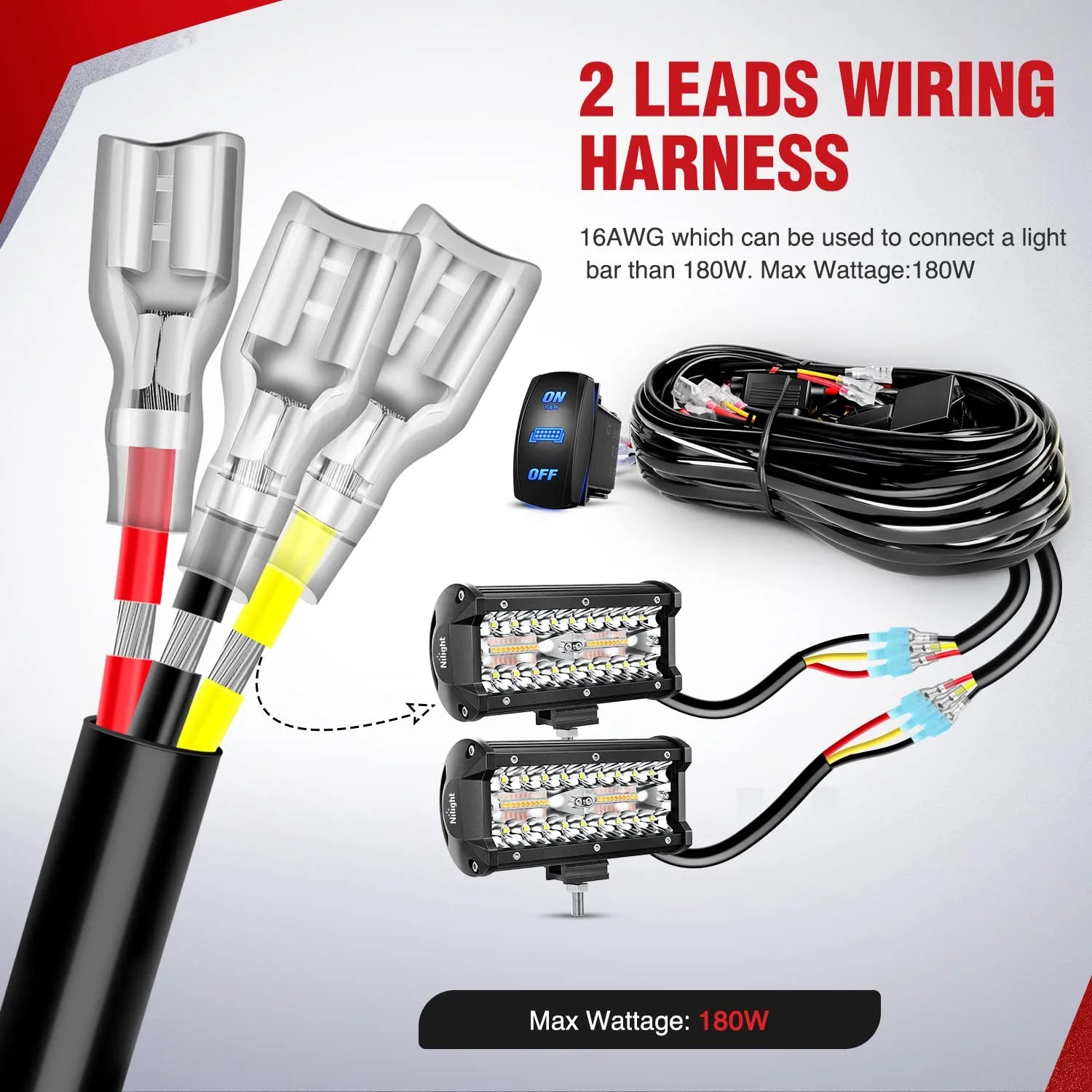 16AWG Amber White Light Bar Wire Harness Kit 2 Leads W/ 12V 8Pin Switch | 2 Fuses | 6 Spade Connectors Nilight