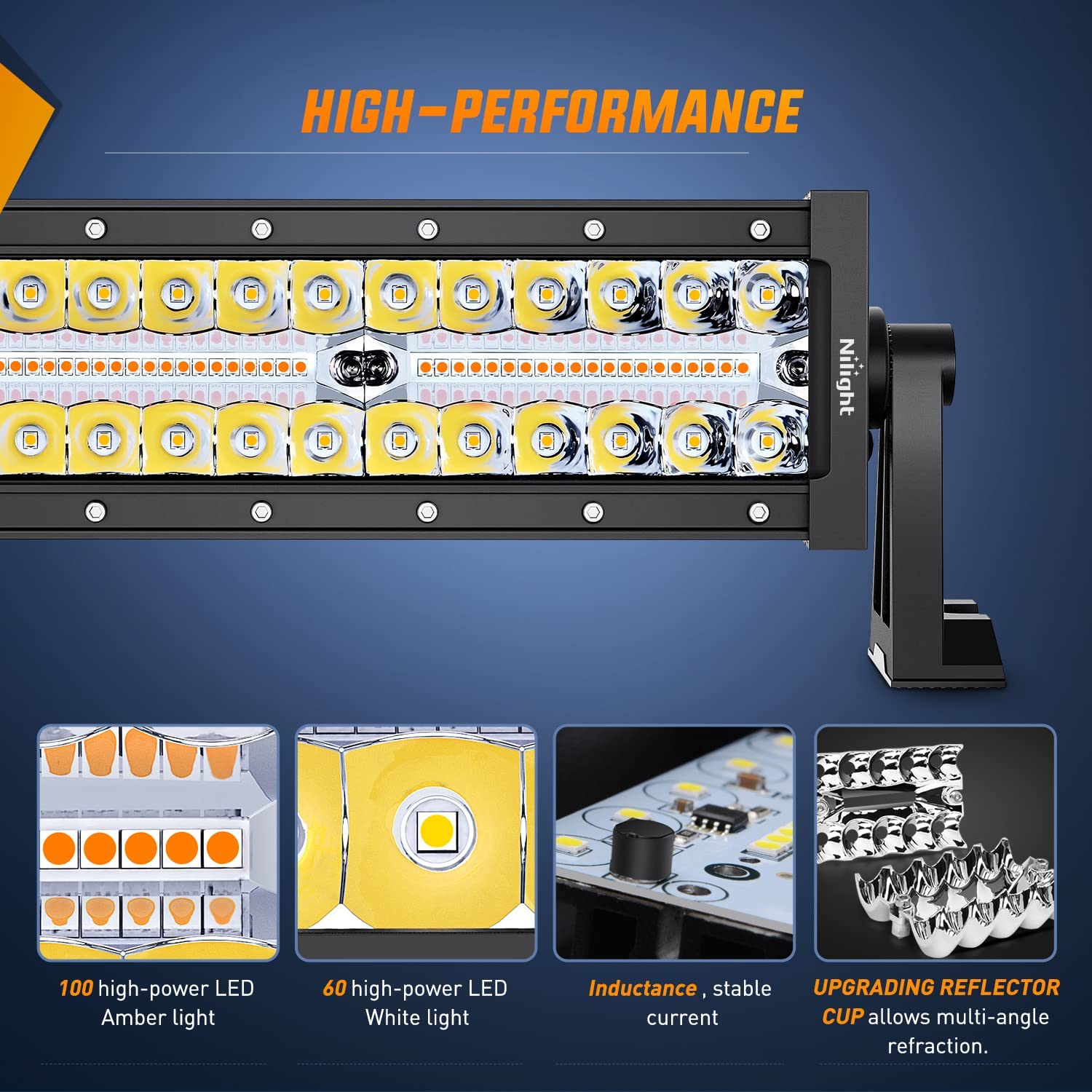 22" 480W Triple Row Amber White Spot/Flood LED Light Bar | 2Pcs 4" 60W LED Pods | 16AWG DT Wire 3 Leads Nilight