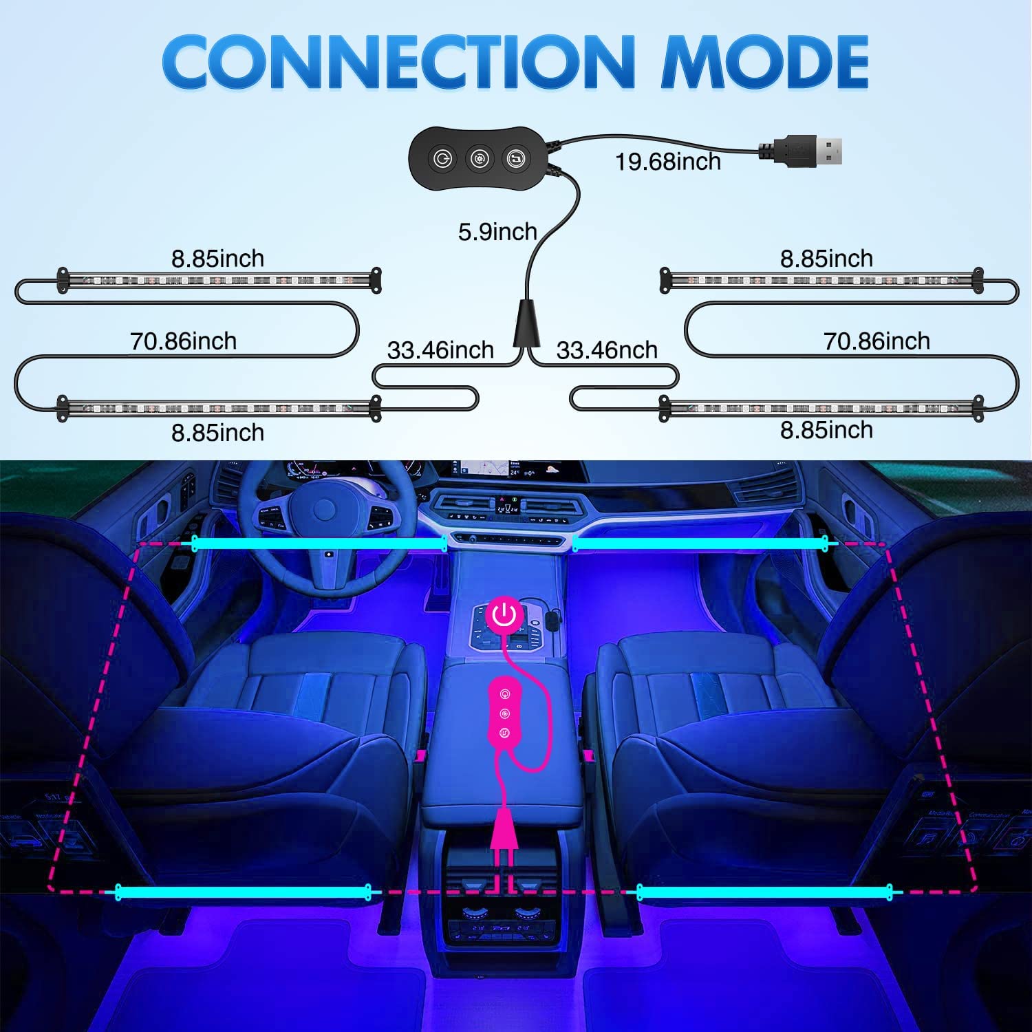 48Leds RGB USB Interior Light Strip APP Remote Control 4PCS Nilight
