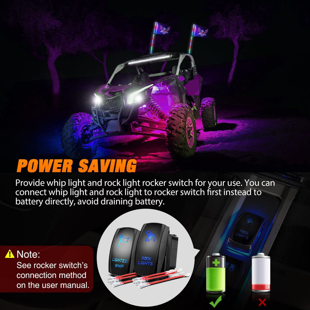 LED Whip Light Nilight 2PCS 4FT RGB LED Whip Light and 4 PCS RGB Rock Lights Combo, Remote & App Control w/ DIY Chasing Patterns Stop Turn Reverse Light Safety Antenna Lighted Whips for ATV UTV, 2 Year Warranty